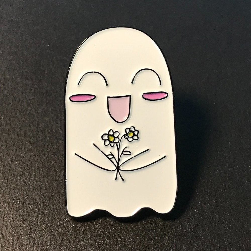 Sweet Little White Ghost Carrying Flowers Enamel Pin, Brooch, Backpack Pin